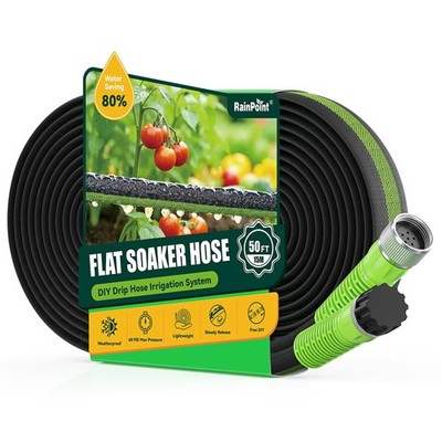 Flat Soaker Hose 50FT with Anodized Aluminum Fittings - 80% Water-Saving