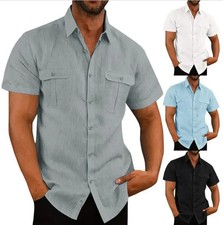 Men  s Cotton Linen Short Sleeve Shirt Solid Color Casual Beach Style M-5XL