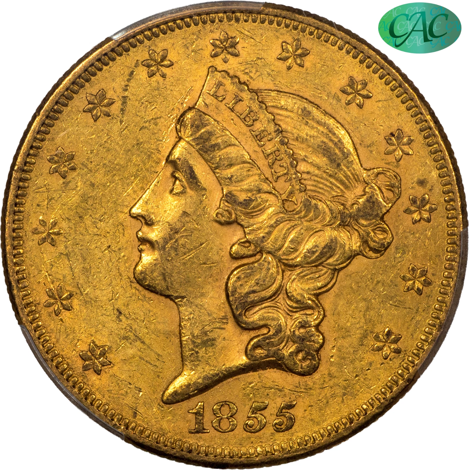 1855 $20 AU58+ PCGS CAC Liberty Head Double Eagle