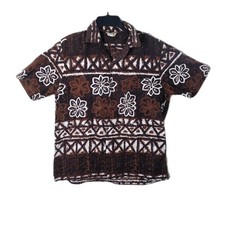 Vtg 60s Iolani Hawaiian Shirt Men L Tapa Tribal Print Brown Aloha Camp Collar SS
