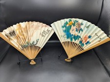Lot of 2 Vintage Chinese Bamboo Paper Folding Fans Scenic 10.5" Tall