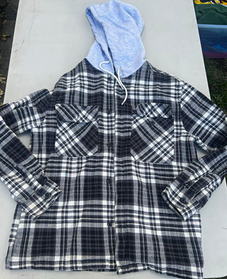 H&M Men s Plaid Hooded Shacket Jacket M Relaxed Fit Button Mid-Length