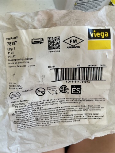 Viega ProPress 78197 Copper Coupling 2"x2" No-Stop P1xP2 Fitting