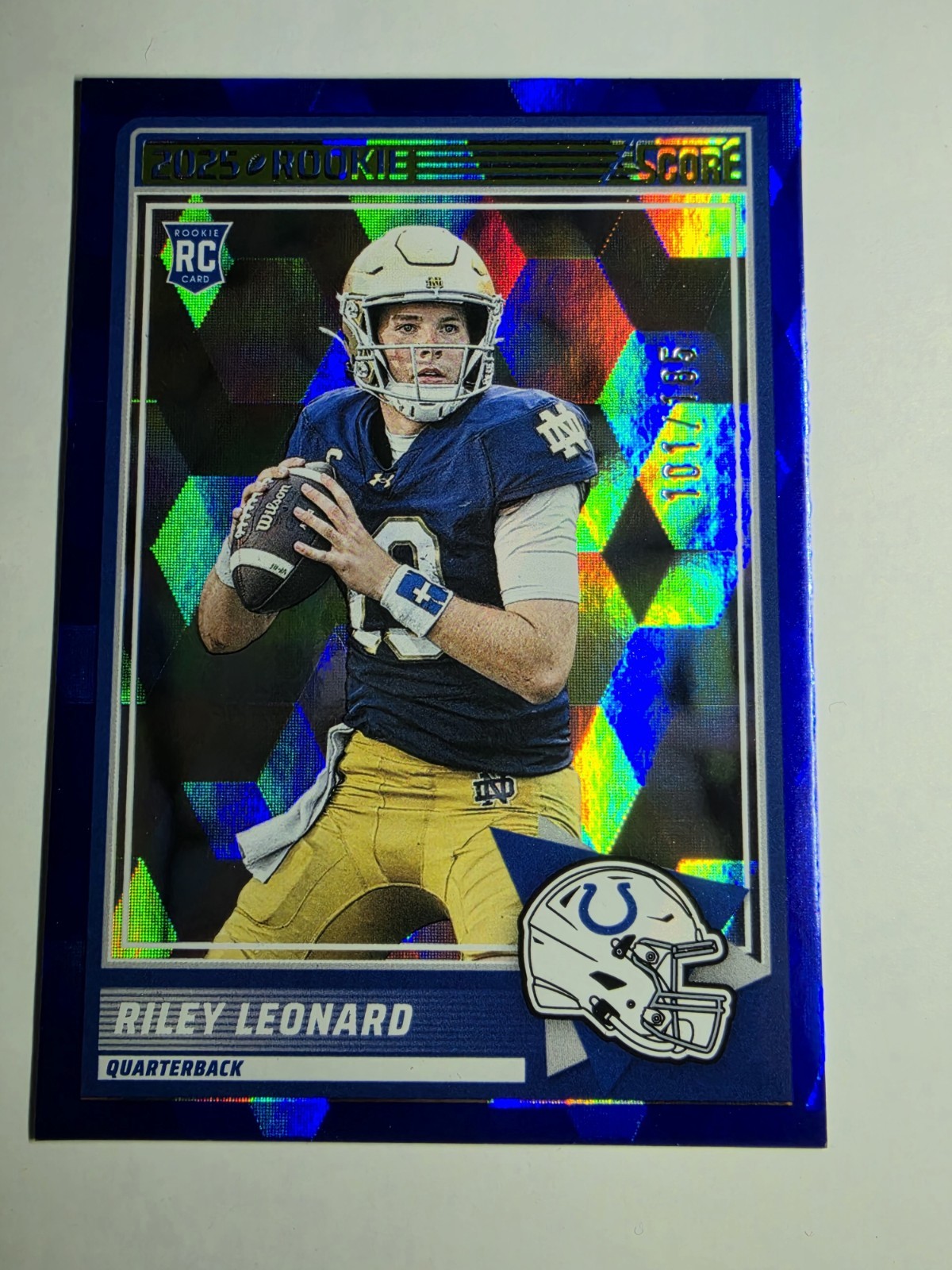 Panini 2025 Score Rookies Riley Leonard #9 Blue Cubic /185 RC Colts Notre Dame