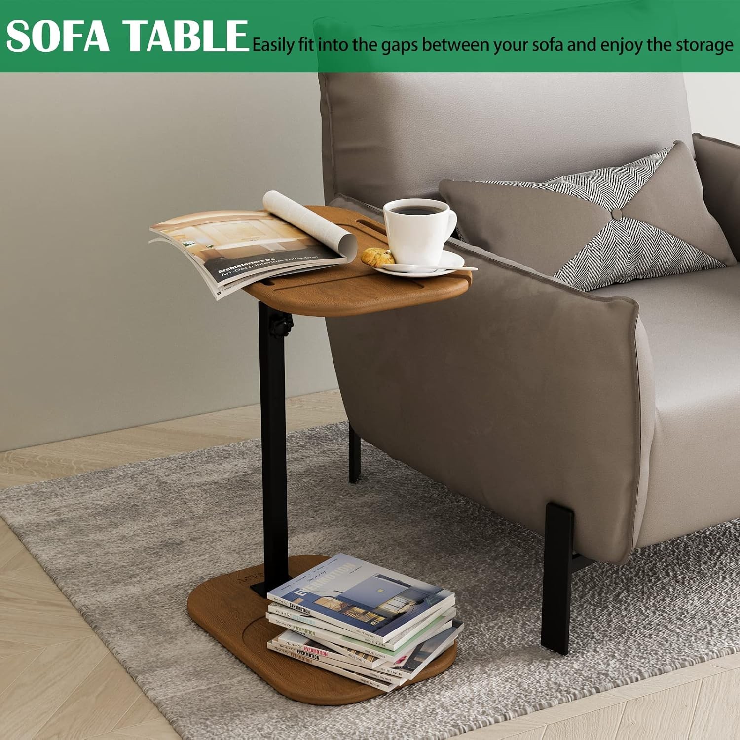 ZUJJAFY Wood C Shaped End Table for Couch Arm, Small Sofa Side Brown 