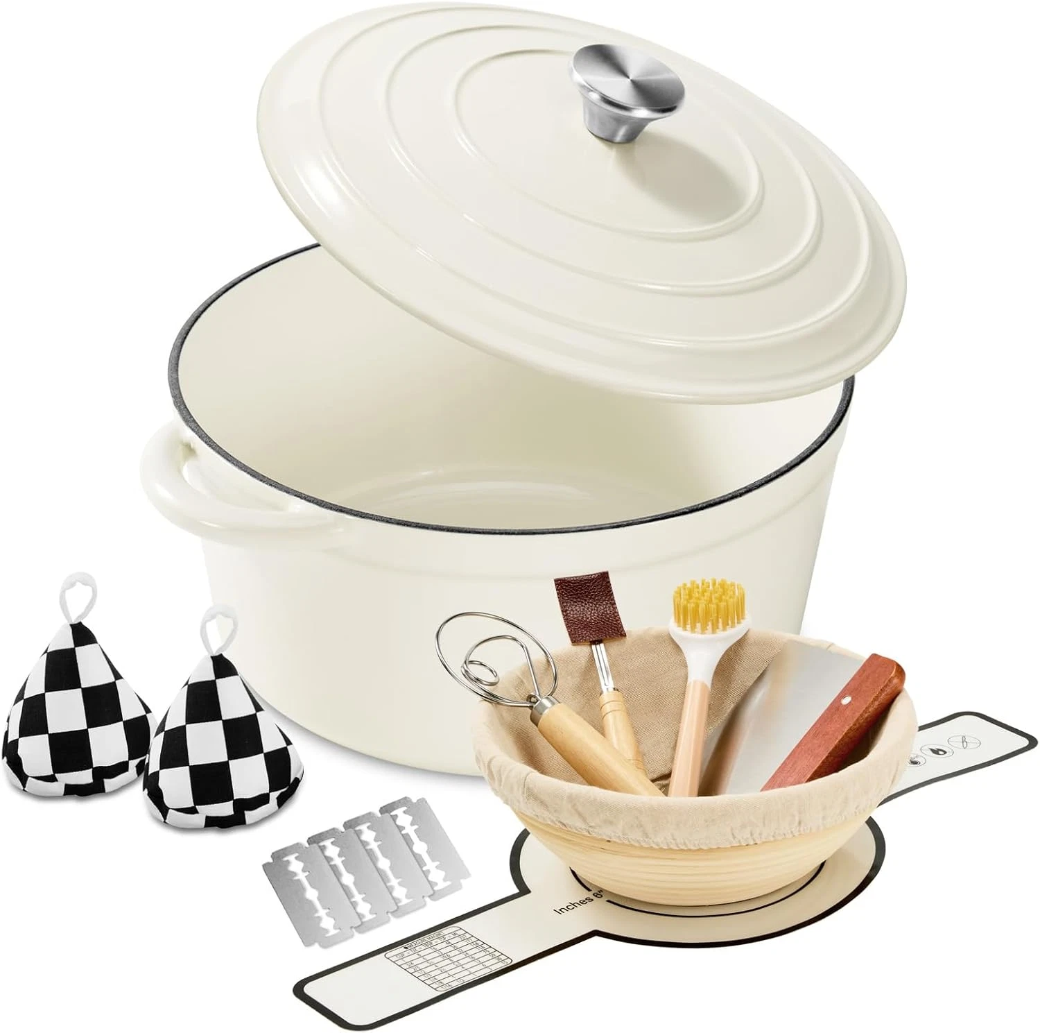 Enameled Cast Iron Dutch Oven with Lid -6.5 QT, Incl. Sourdough Bread-Baking Sup