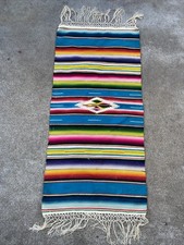 Vintage Mexican Serape Southwest Wool Fringe Runner 30  X 14  - Bin 4