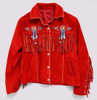 Genuine Suede Leather Jacket Womens Fringe Jacket Red Western Beaded Cowboy Coat