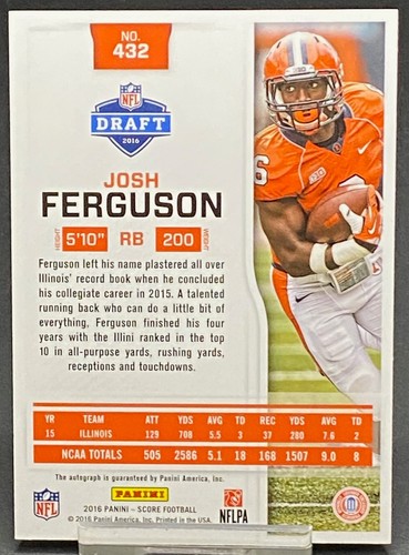 2016 PANINI SCORE ROOKIE AUTO JOSH FERGUSON COLTS FIGHTING ILLINOIS #ED 5/10 - Picture 2 of 2