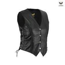 Ladies Braided Biker Real Leather Waistcoat Black Sleeveless Leather Jacket