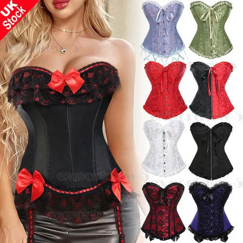 Women Plus Size Bridal Lingerie Lace up Satin Boned Corset + G-string Size 6-24 - Picture 2 of 34