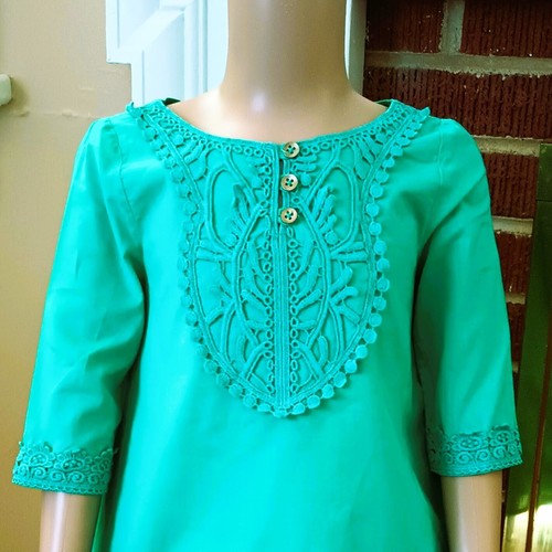 Oshkosh Green A Line Dress 4T with Crochet around Neck and Sleeves. Fully Lined - Picture 5 of 8