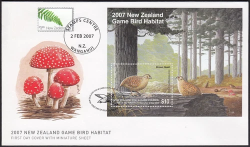 NEW ZEALAND 2007 Game Bird Habitat $10 Brown Quail M/S on FDC