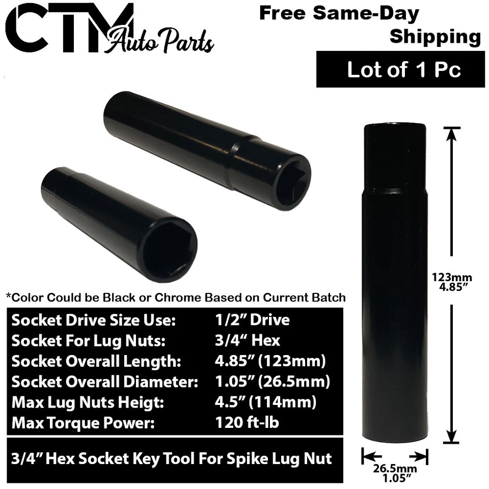 16x 4.5" Tall 12x1.5 Chrome Spike Lug Nut 3/4" Hex + Key Fit Ford Chevy - Image 2 of 4