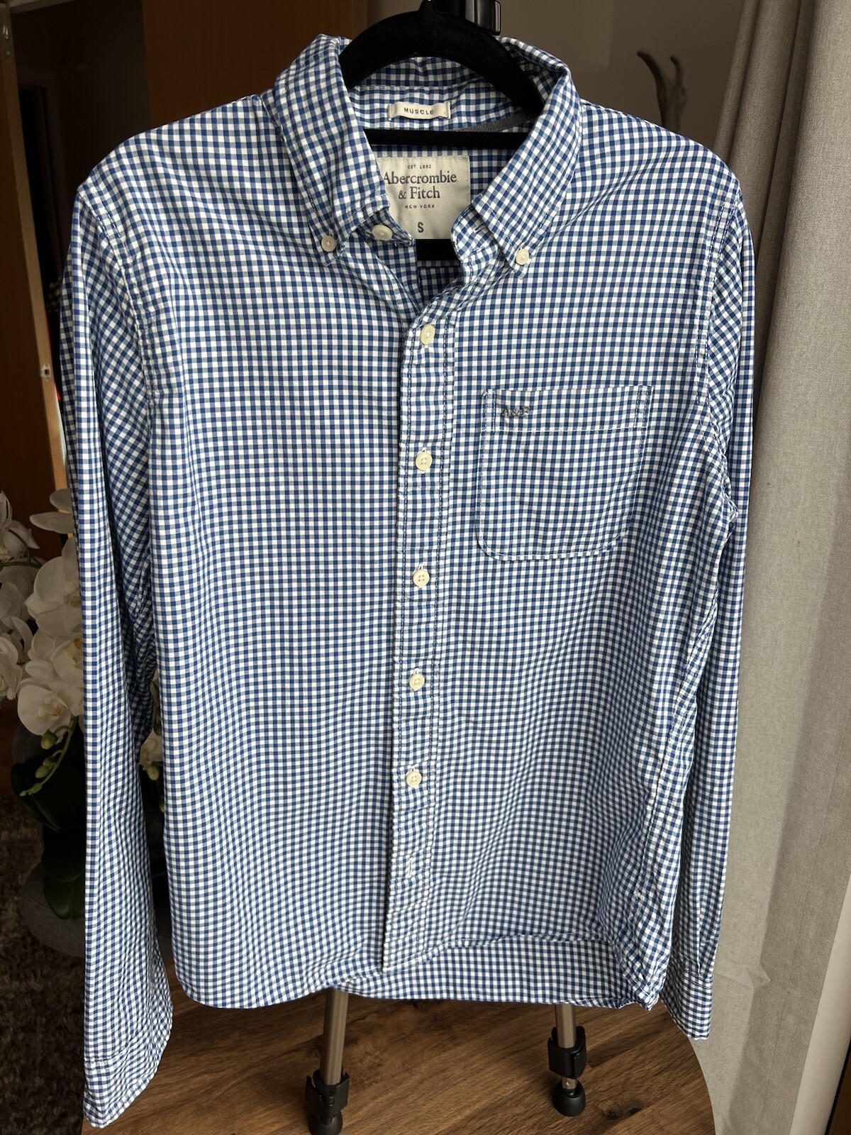 ABERCROMBIE & FITCH Men's Shirt  Size S Muscle Fit Blue White Long Sleeve Check