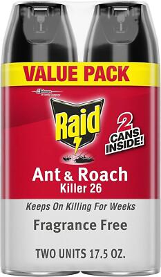 Raid  Ant & Roach Killer 26, Fragrance-free Bug Spray, 17.5 Fl. Oz. 2 Count. New