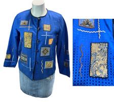 Julia Kin Blue Patchwork Embroidered Long Sleeve Button Front Jacket Women L