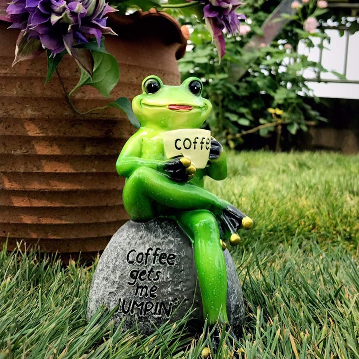 OwMell Frog Statue for Garden, Drinking Coffee Green Frog Figurine