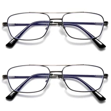 2 PK Mens Retro Aviator Reading Glasses Metal Frame Blue Light Blocking Readers