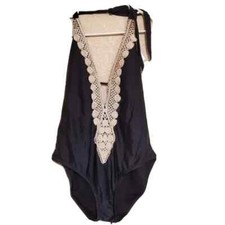 Kona Sol Womens Crochet Trim Plunge One Piece Swimsuit Black Xlarge Ivory Deep V