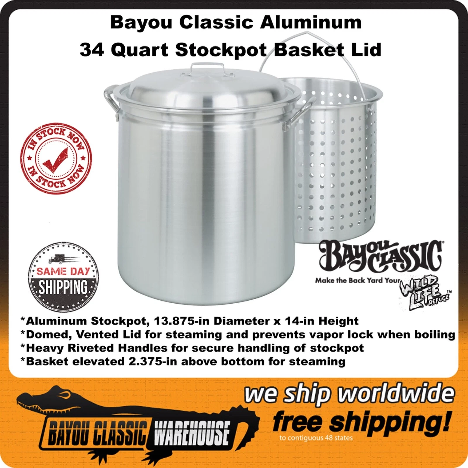 Bayou Classic Aluminum 34 Quart Stockpot Basket and Lid 4034 El Salvador Artisan