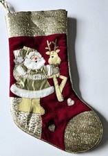 Vintage Burgandy Red Gold Velvet Appliqu Christmas Stocking 18" Santa Reindeer