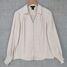 Rachel Zoe Top Medium Ivory Shirred Satin V-neck Button Up Capsule Minimalist