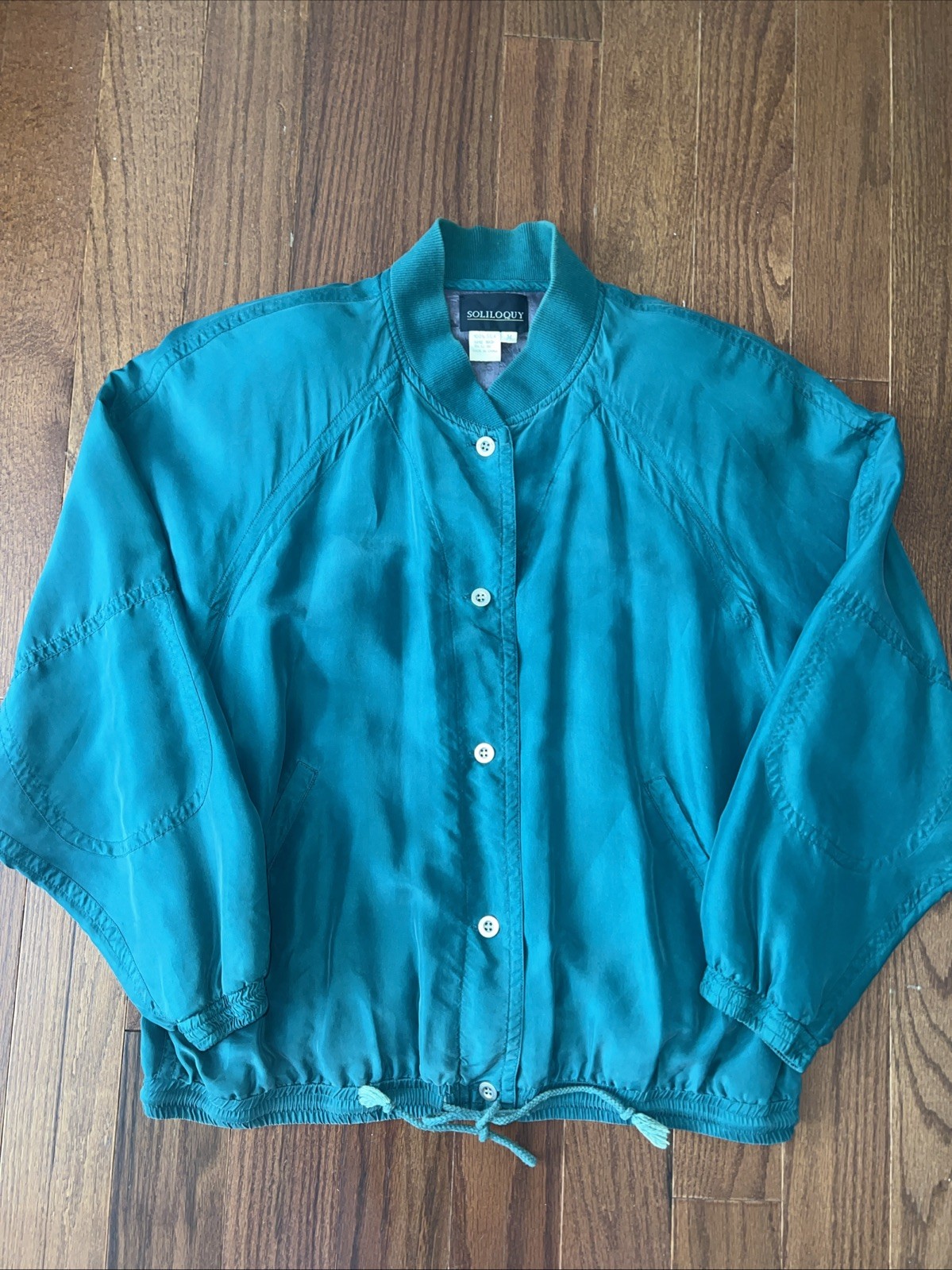 Women's Green/Teal 100% Silk Bomber Jacket Size Medium Full Button