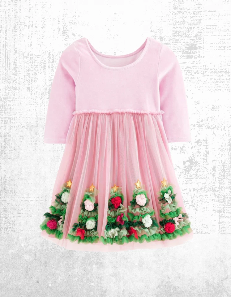 Mini Boden Girl's Velvet Tulle Christmas Applique Party Dress Pink (Defect) - Image 3 of 4