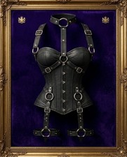 Black Leather Harness Corset with Buckles, Ring Details Adjustable Thigh Strap