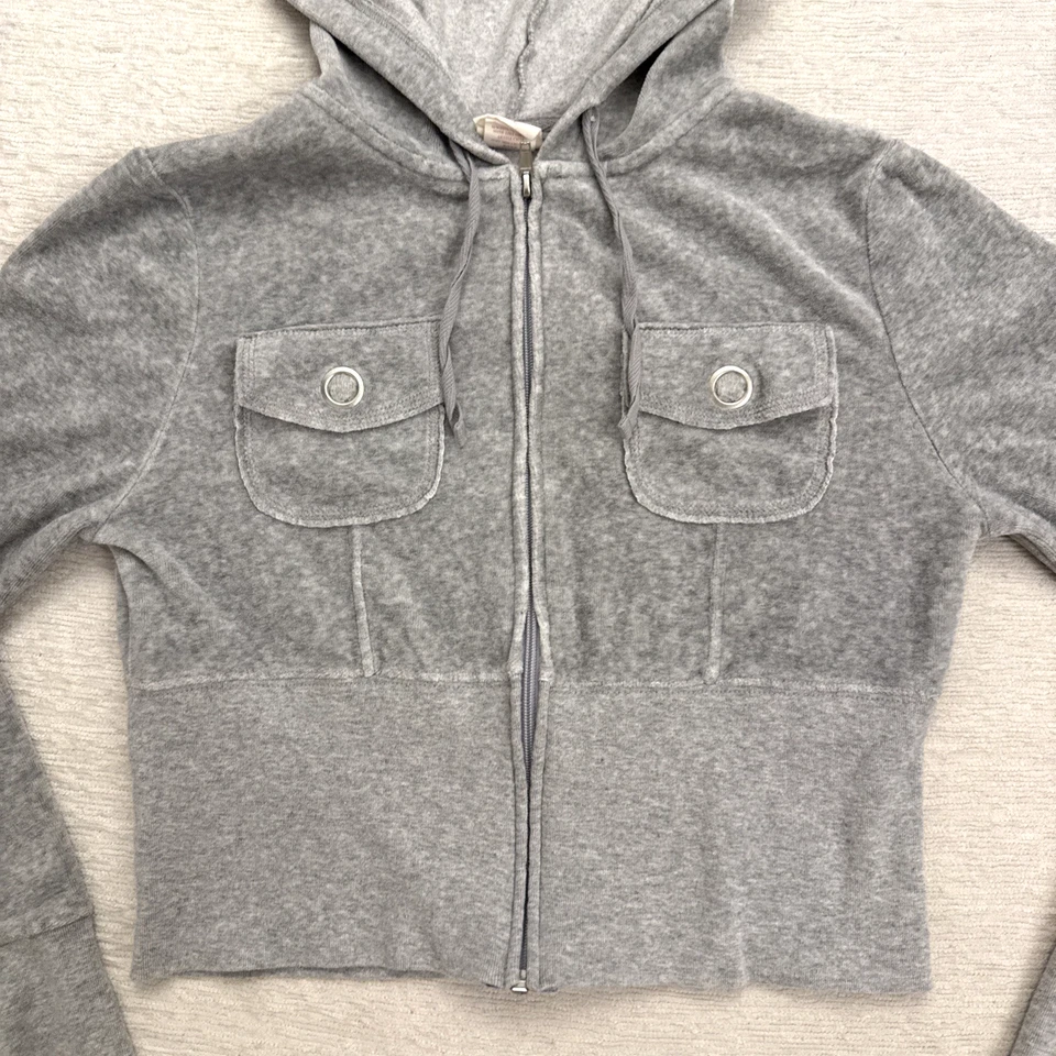 复古 Y2K 2000 年代蓝色时尚灰色裁剪腰丝绒连帽衫 L 大号 — 第 4/4 张图片