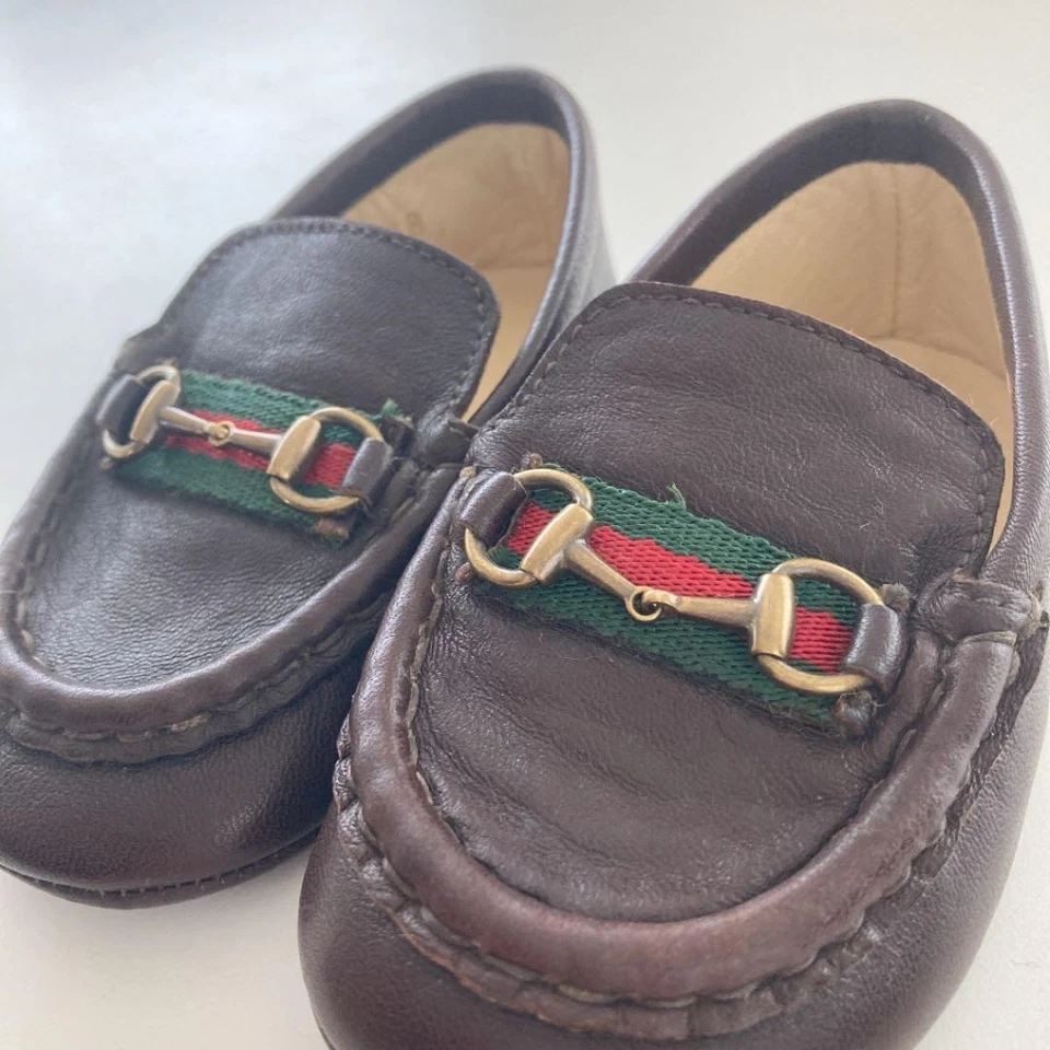 GUCCI Bebé Primeros Zapatos Mocasines Horsebit Web Rayas Cuero Marrón Talla 18 con Caja Foto 4 de 4