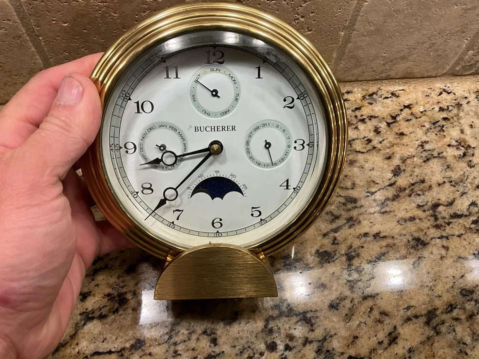 HIGH QUALITY DESK or MANTEL CLOCK by BUCHERER 3 SUB DIALS MOONPHASE rrp £2,750 - Image 3 of 4