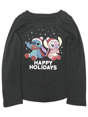 Disney Long Gray Lilo & Stitch Christmas Holiday Tee Shirt X-Small (4-5)