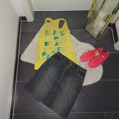 Set sommer outfit 36 38 40 esprit Jeansrock knielang gelb tanktop 100%baumwolle