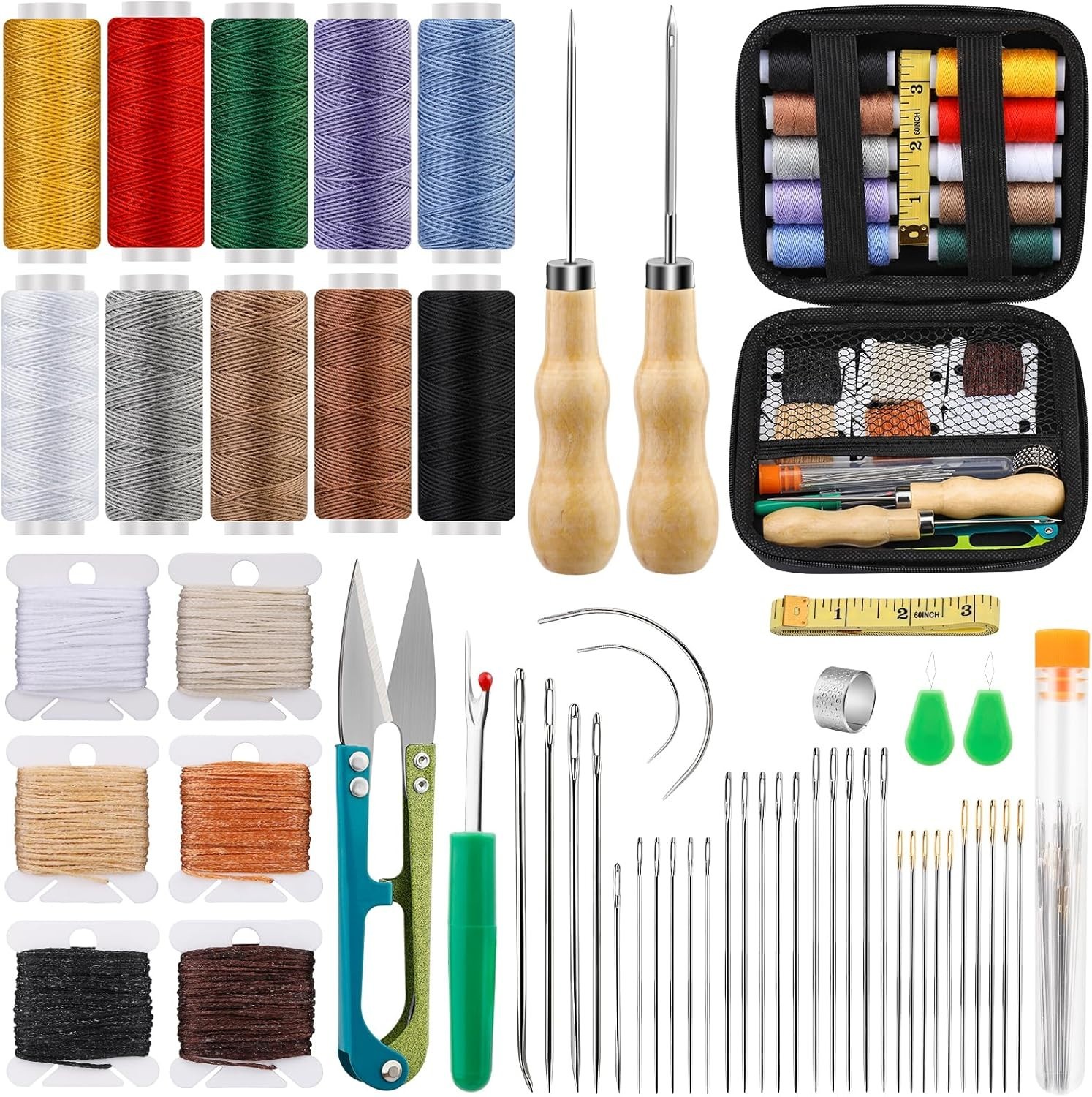 59-Piece Heavy Duty Leather Sewing Kit with Upholstery Needles for Hand Stitching