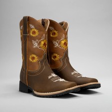 Kids Embroidered Square Toe Cowboy Boots Dark Brown Gold Flowers Leather 6" 1" H