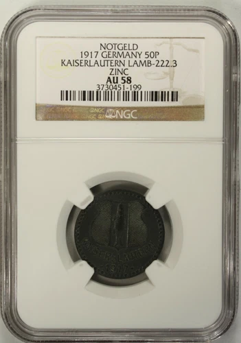 Germany 50 Pfennig 1917 NGC AU 58  Zinc City of Kaiserlautern Lamb-222.3 Notgeld