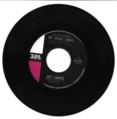 Mel Carter: "(All Of A Sudden) My Heart Sings" - VG+ '65 Pop hit - plays NM!