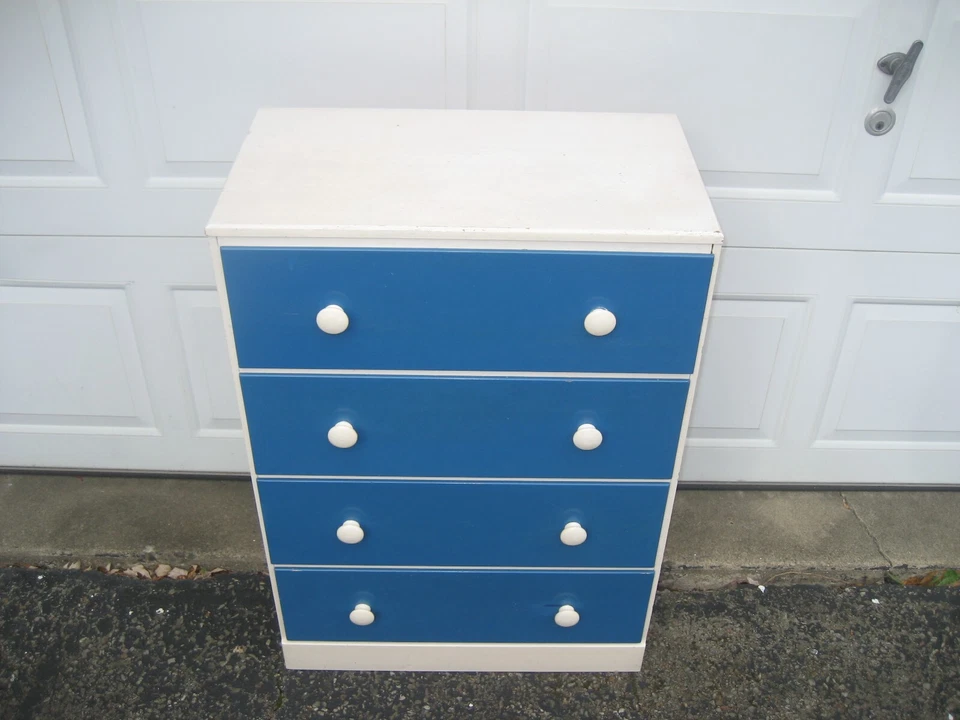 Cómoda de madera real original vintage de los años 70, blanca y azul, 33" de alto, ¡24" de ancho!! Foto 2 de 4