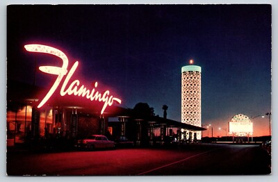 The Flamingo Hotel Las Vegas NV Night View Postcard Headline Tony Martin Old Car