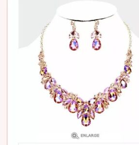 Pink and white Ab Crystal Necklace Earrings