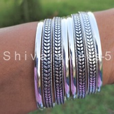 Set of 8 West Indian Printed 925 Sterling Silver Stacking Bangle Set Sv-03