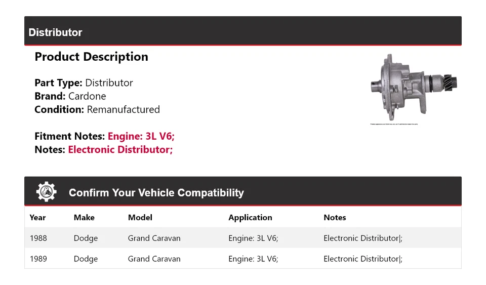 Para Dodge Grand Caravan 1988-1989 3L V6 distribuidor Cardone Foto 2 de 4