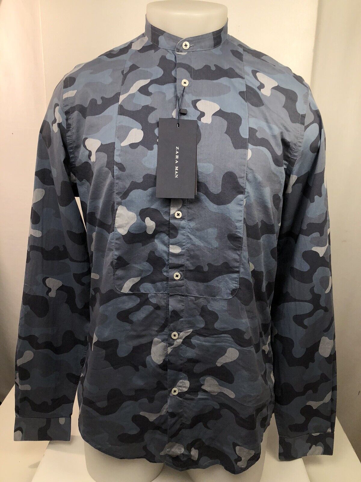 New w Tag - ZARA MAN Blue/Gray Camouflage Slim Fit Collarless Sm. Shirt  MSRP $40