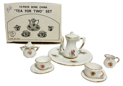 Dollhouse Miniature Tea for Two 10-Piece Bone China Set Taiwan VTG Rose Gold Trm