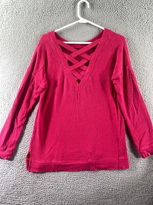 Womens Red Lattus V-Neck Long Sleeve Henley T-Shirt Size