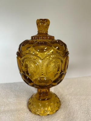 L.E. Smith Candy Dish Amber Vintage Moon and Star Glass Pedestal