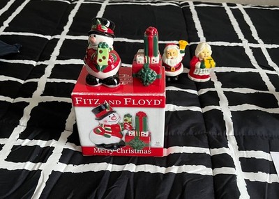Fitz and Floyd Merry Christmas Snowman Presents S & P New in Box + MR&MRS Claus