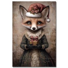 CHRISTMAS FOX SANTA HAT ART PRINT, Fantasy Animal Poster Holiday Gift Decor